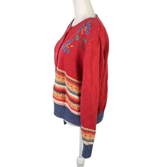 Vintage 90s Coldwater Creek Red Blue Floral Embroidered Cardigan Sweater L - Picture 4 of 6